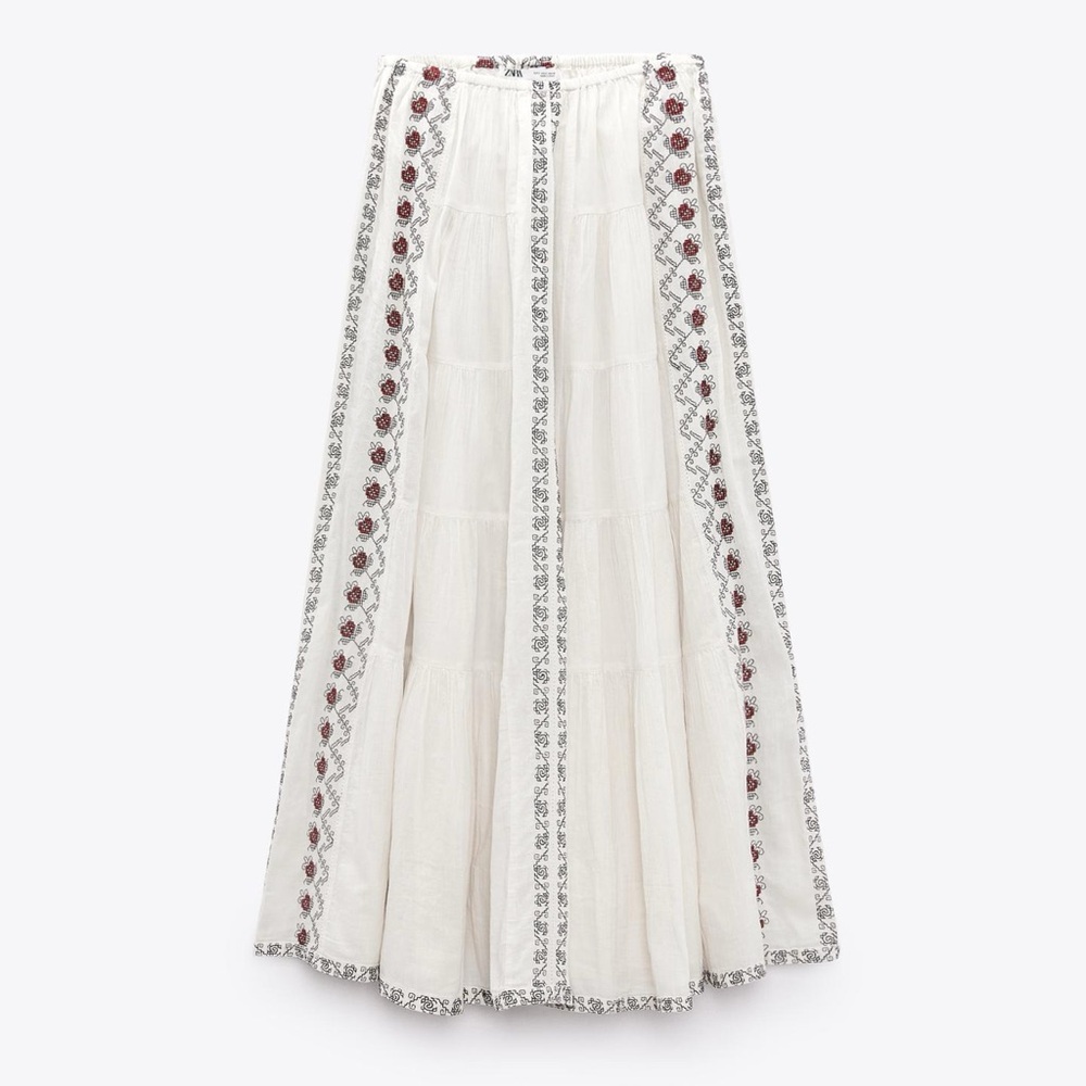 Zara White Maxi Skirt with Floral Embroidery